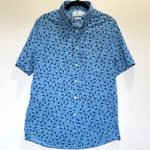 Southern Tide Intercoastal Shark Print Button Shirt Blue Nylon Stretch Mens S